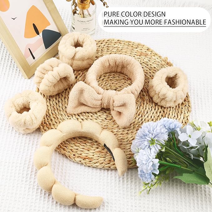 Zkptops 6Pcs Spa Headband for Washing Face Wristband Set Sponge Makeup Skincare Terry Cloth Headband Bubble Soft Get Ready Hairband Women Puffy Padded Headwear Non Slip Hair Accessory(Beige)