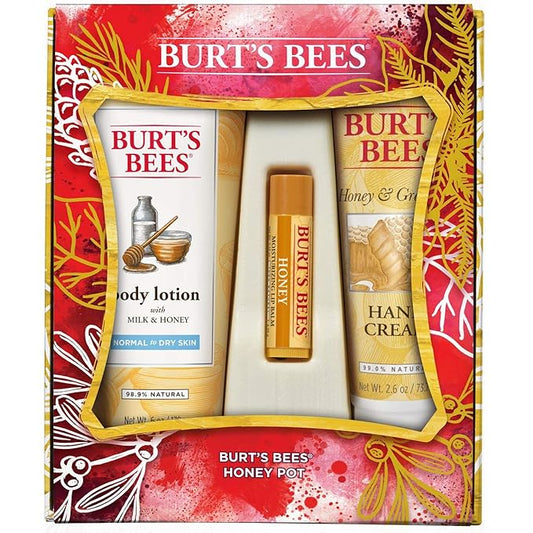 Burt's Bees Honey Pot Holiday Gift Set, 3 Honey Skin Care Products - Milk & Honey Body Lotion, Honey & Grapeseed Hand Cream and Honey Lip Balm