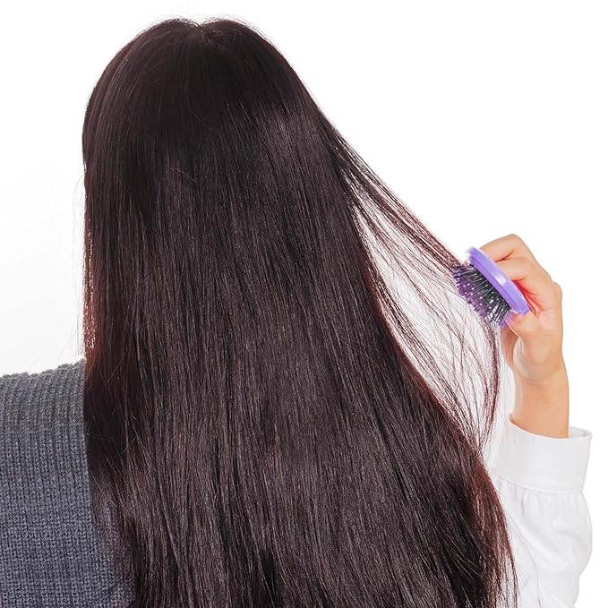 2pcs Folding Travel Mirror Hair Brushes Round Mirror Pocket Hair Brush Portable Mini Pop Up Hair Brushes for Women Girls Wet and Dry Hair (Purple, Black)