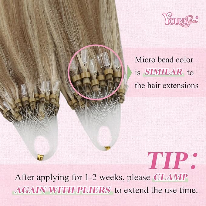 YoungSee Micro Bead Hair Extensions Real Human Hair Highlight Microbead Hair Extensions Human Hair Light Brown Mix Blonde Highlight Micro Link Hair Extension Remy Hair Silky Straight 22Inch 50s 50g