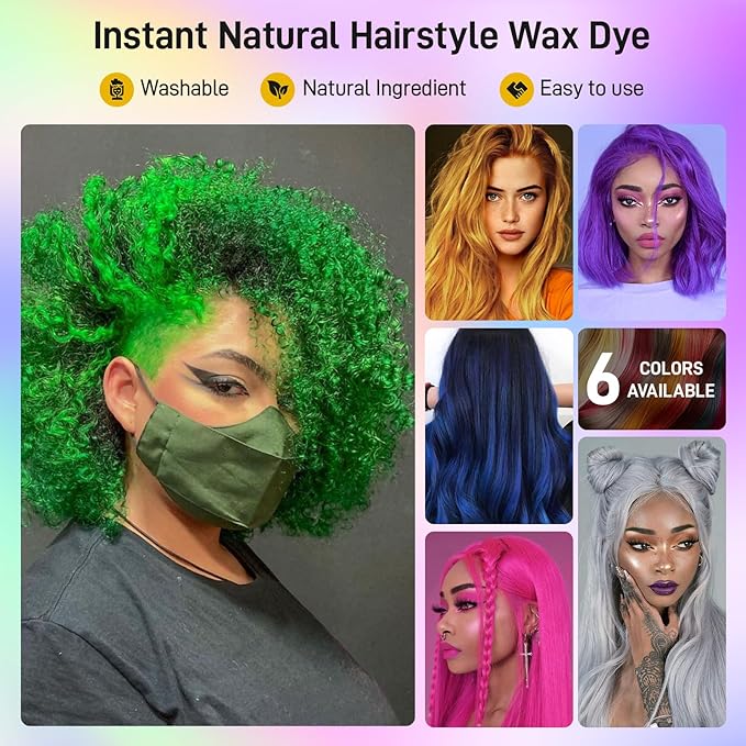 6 Colors Temporary Hair Dye,Temporary Hair Color Wax,Natural Washable Hair Dye Temp Hair Color for Women Men Kids Party Cosplay Halloween
