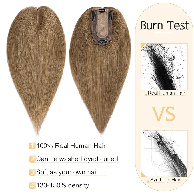 SEGO Human Hair Toppers for Women With Thinning Hair, 7 * 13CM Silk Base 100% Real Human Hair Clip in Top Wiglet Hairpieces //12 Inch No Bangs Light Brown