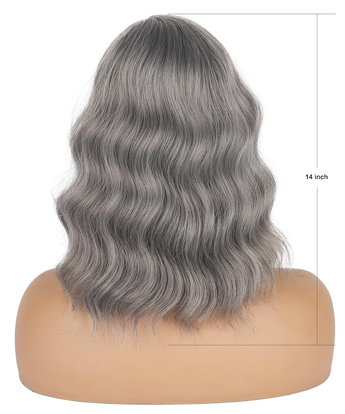 Short Gray Wavy Wigs For Black Women With Bangs - Synthetic Silver Grey Wavy Wigs For Daily Use