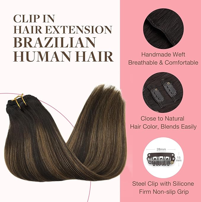 GOO GOO Clip in Hair Extensions Real Human Hair, Remy Human Hair Extensions Clip ins for Women, Natural Human Hair, 14inch 120g 7Pcs, 2/6/2 Balayage Dark Brown to Chestnut Brown