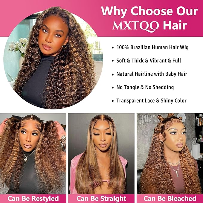 Ombre Honey Blonde Lace Front Wig Human Hair 200 Density Deep Wave 13x6 HD Lace Front Wigs Human Hair Wig Glueless P4/27 Highlight Wig for Women Pre Plucked with Natural Hairline (34 Inch)