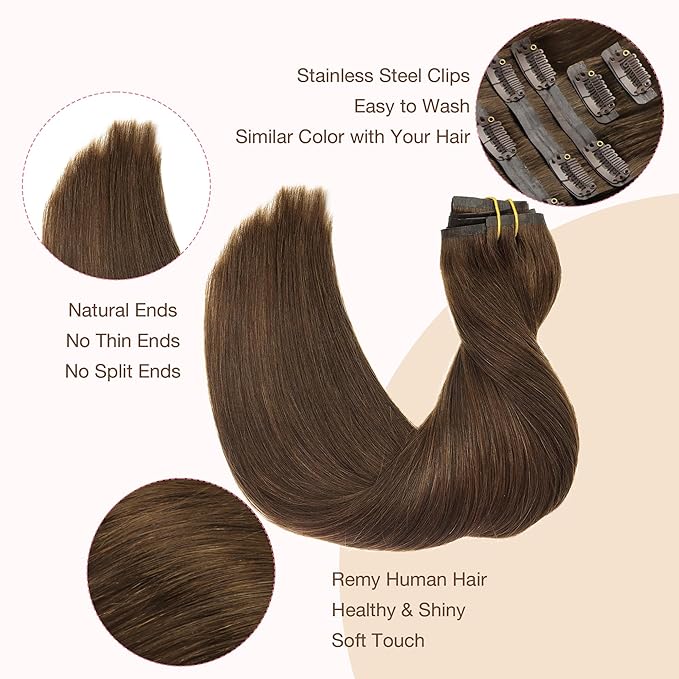 GOO GOO Clip in Hair Extensions Real Human Hair, Remy Human Hair Extensions Clip ins for Women, Natural Human Hair, 24inch 120g 7Pcs, 4A Chocolate Brown