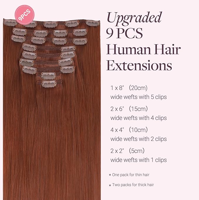 GOO GOO Clip in Hair Extensions Real Human Hair, Remy Human Hair Extensions Clip ins for Women, Natural Human Hair, 22inch 150g 9 Pcs, #33B Dark Auburn Copper
