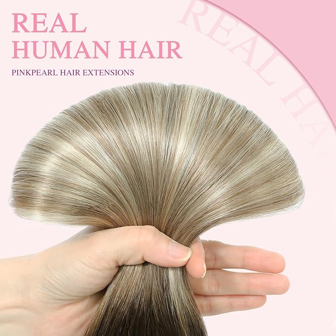 PINKPEARL Clip in Human Hair Extensions #3/8/22 Balayage Walnut Brown to Ash Brown and Golden Blonde Clip in Hair Extensions Real Human Hair 7pcs 120g 22inch Human Hair Extensios Clip ins(#3/8/22-22)