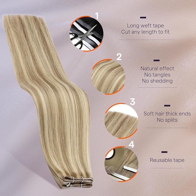 Full Shine Blonde Tape in Weft Hair Extensions Human Hair Color 16 Highlight 22 Blonde Wide Tape Genius Weft Tape in Hair Extensions 24Inch Cuticles Aligned Travel Friendly Styling 50G One Piece