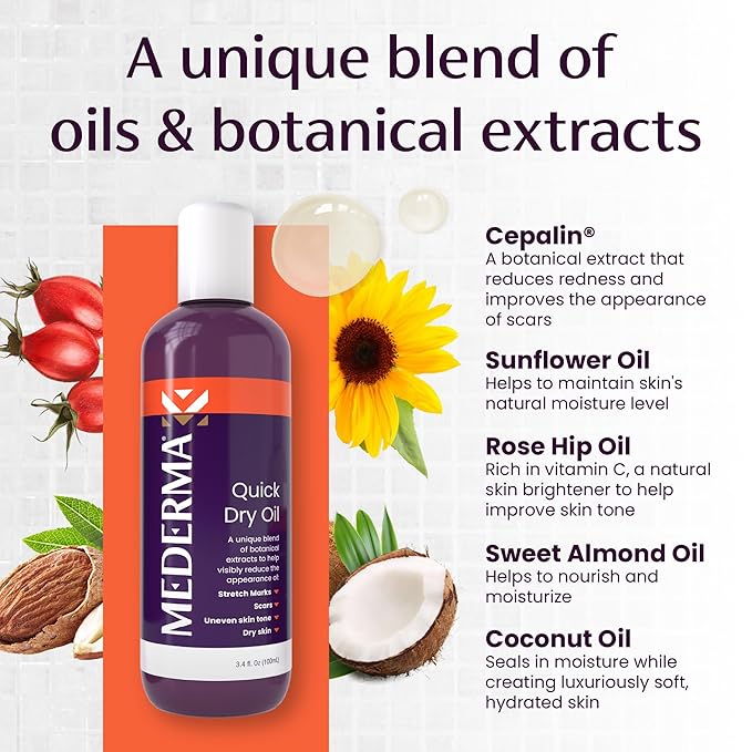 Mederma Quick Dry Oil, Scar and Stretch Mark Treatment, Helps to Improve the Appearance with Natural Botanical Extracts, Paraben Free, Fast-Absorbing, 3.4oz (100ml)