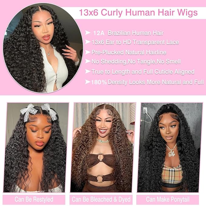 BVLBVL 30 Inch Lace Front Wig Human Hair 180% Density 13x6 Deep Wave Lace Frontal Wigs for Women Curly Wig Pre Plucked, Real Human Hair No Synthetic Blend No Tangle No Shedding Triple Lifespan 3X