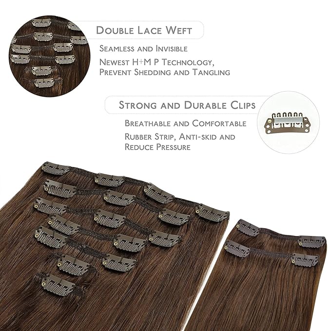 WENNALIFE Clip in Hair Extensions, 150g 20 Inch 9pcs Chocolate Brown Human Hair Extensions Thicker Clip in Hair Extensions Real Human Hair Clip Set Double Weft