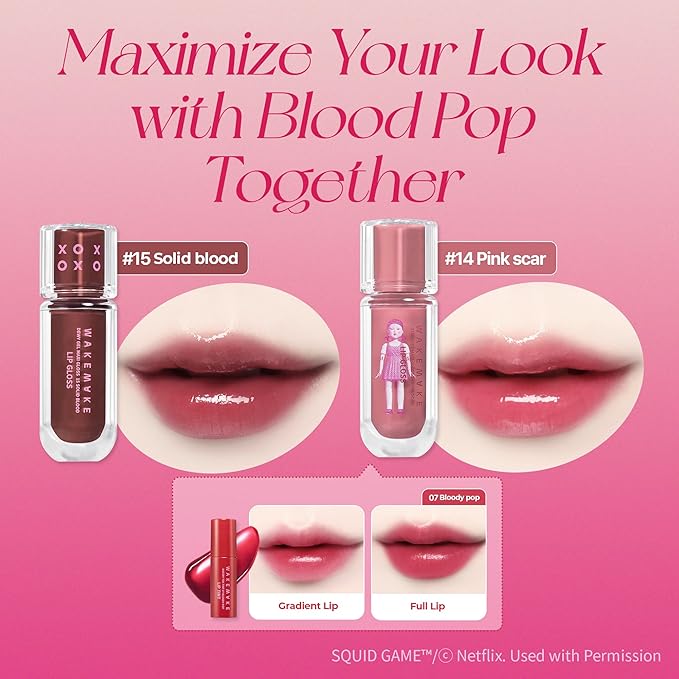 WM X NETFLIX SQUID GAME Dewy Gel Maxi Gloss 15 Solid Blood Set (+Watery Tok Tint Mini 7 Bloody Pop), lips, korean lip