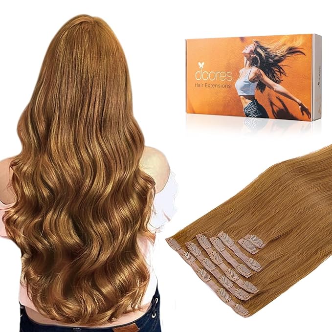 DOORES Seamless Clip in Hair Extensions - Medium Auburn, 22 Inch, 150g, 7pcs - Invisi Edge, Human Hair, Natural, Straight, Long