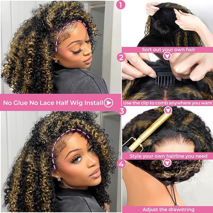 Kinky Curly Half Wig Human Hair 200% Density Ombre Wear Go Glueless Wigs Human Hair Hightlight Blonde Curly 3 In 1 Half Wigs for Women Drawstring Seamless Flip Headband Wig Beginner Friendly 18 Inch