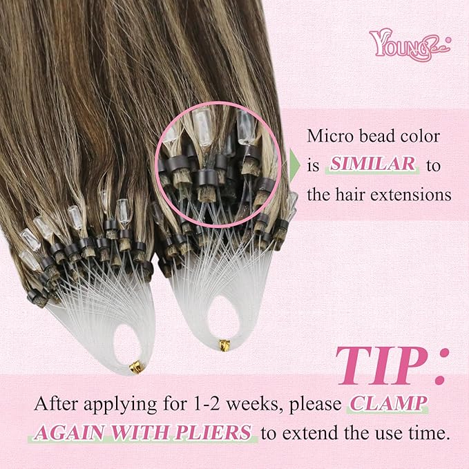 YoungSee Microlink Hair Extensions Human Hair Brown Highlight Micro Bead Hair Extensions Real Human Hair Dark Brown Highlight Caramel Blonde Beaded Hair Extension Short Hair Extension 14 Inch 50g 50s