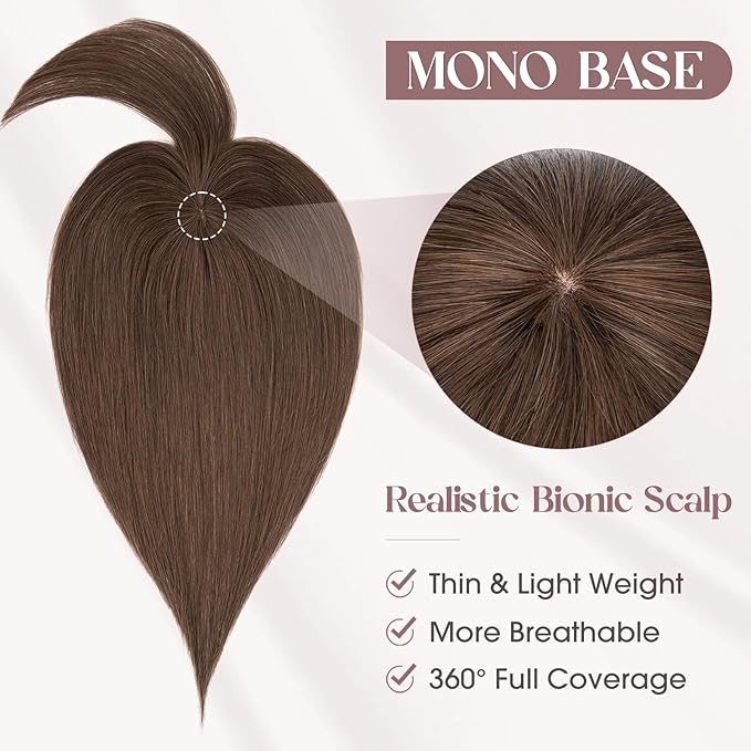MY-LADY Human Hair Toppers for Women Real Human Hair with Bangs Thin 8.5 * 8.5CM Mono Base Clip in Remy Hairpieces Light Weight 14 Inch Chocolate Brown