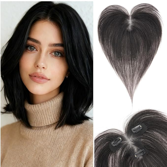 Hair Topper with Side Bangs Human Hair Curtain Bangs Topper for Women, T-part Lace Base Real Human Hair Topper Hair Piece for Daily Wear(Side Bangs,Natural Black)