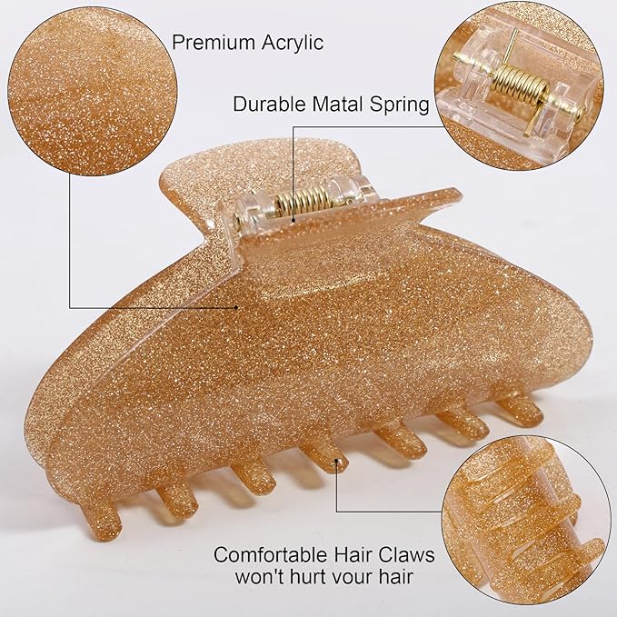 4 Pack Large Acrylic Hair Claw Clips for Women, Cute Shiny Glitter Claw Clips for Thick Hair, Strong Hold Non-Slip Barrettes Clips Ideal Gift for Girls