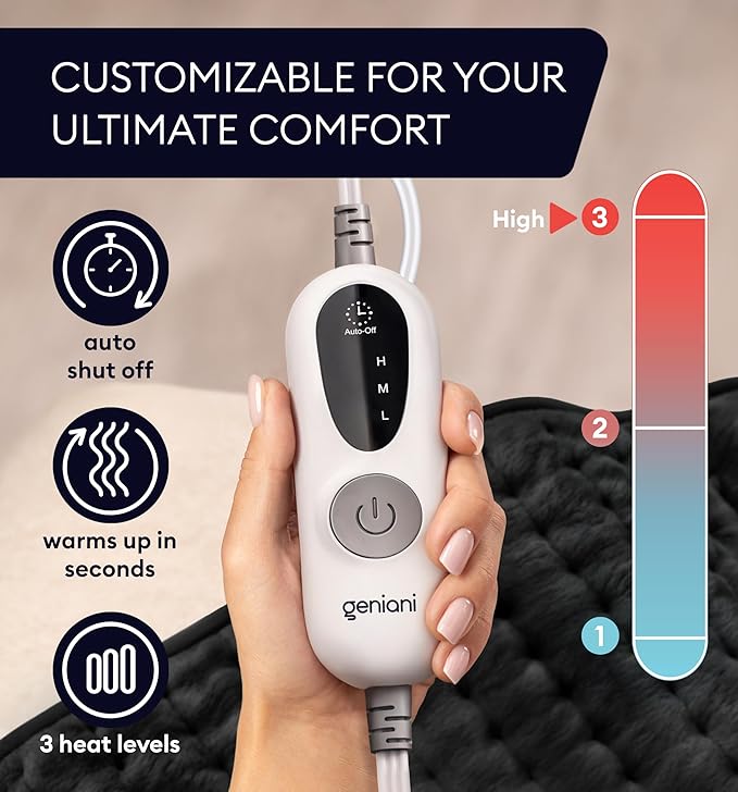 GENIANI XL Electric Heating Pad for Back Pain & Cramps Relief, Electric Throw, Birthday Christmas Gifts for Women, Men Auto Shut Off, Machine Washable, Heat Pad for Neck & Shoulder (12"x24" Jet Black)