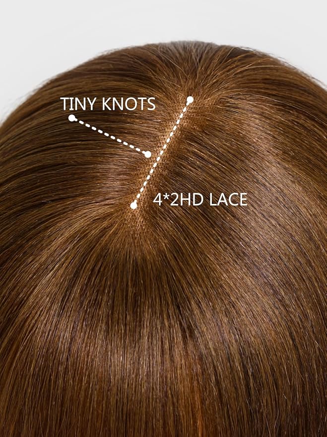 KLAIYI Brown Bob Wig Human Hair with Bangs Loose Body Wave Glueless 4x2 HD Transparent Lace Closure Chestnut Chocolate Brown with Highlight Blonde Ready to Wear and Go Beginner Wigs Pre Plucked 10Inch