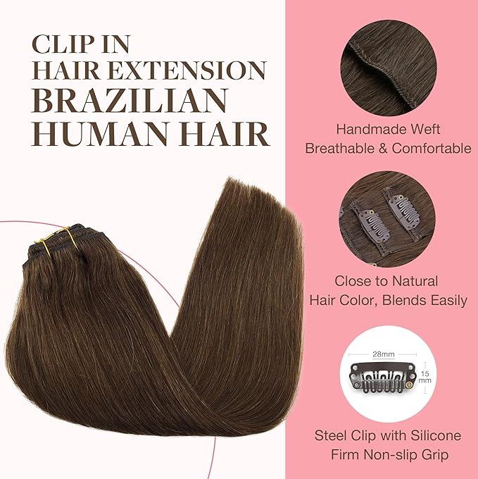 GOO GOO Clip in Hair Extensions Real Human Hair, Remy Human Hair Extensions Clip ins for Women, Natural Human Hair, 24inch 120g 7Pcs, 4A Chocolate Brown
