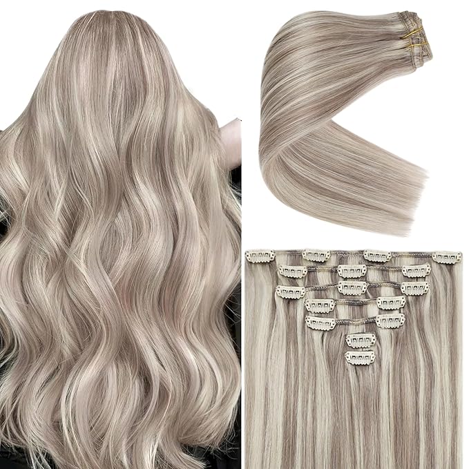 Ve Sunny Clip Hair Extensions Real Human Hair Blonde Highlights Clip on Extensions Human Hair Dirty Blonde with Platinum Blonde Clip in Hair Extensions for Fine Hair 7Pcs 120G 20Inch