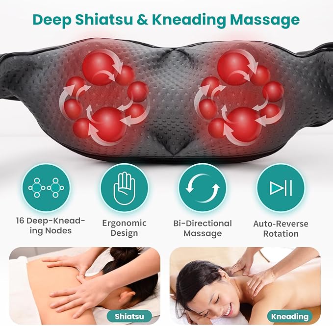 Nekteck Shiatsu Neck and Back Massager with Soothing Heat, Electric Deep Tissue 3D Kneading Massage Pillow for Shoulder Leg Full Body Muscle Pain Relief, Car Office and Home Use