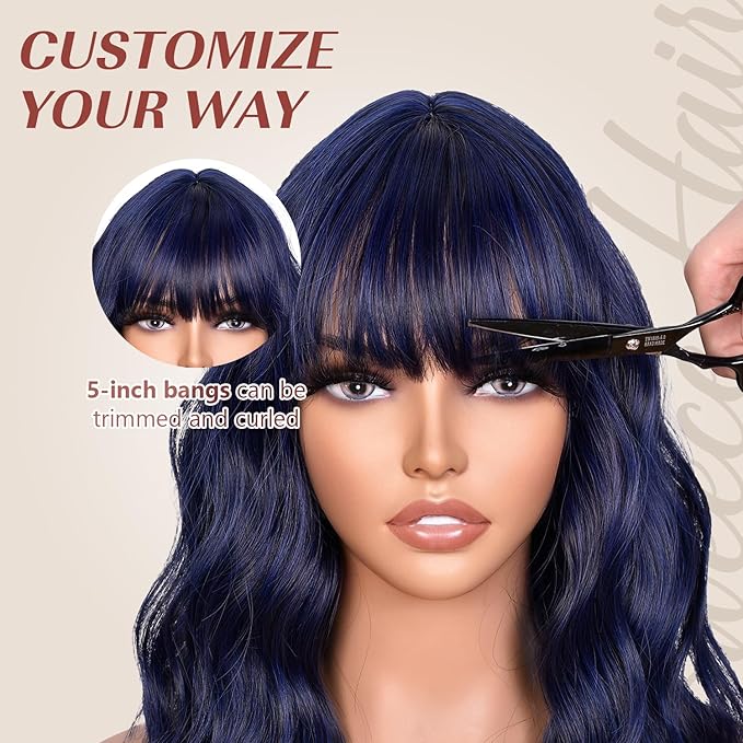 Dark Blue Bob Wig With Bangs Wave Wigs for Women 14 Inch Short Loose Wavy Heat Resistant Synthetic Wig Shoulder Length Hair for Daily and Cospaly Party Use