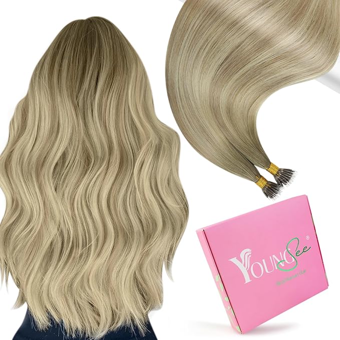 YoungSee Nano Extensions Human Hair Ombre Blonde Nano Tip Extensions Balayage Ash Blonde Ombre Platinum Blond Nano-bead Extension Human Hair Balayage Nanoring Hair Extension 18Inch 50G 50S for Daily