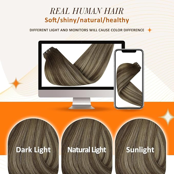 Full Shine Brown Balayage Seamless Clip in Hair Extensions Medium Brown Balayage with Honey Blonde Clip in Extensions for Women Straight Hair 20 Inch 120G 8 PCS
