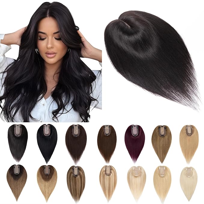 SEGO Human Hair Toppers for Women With Thinning Hair, 7 * 13CM Silk Base 100% Real Human Hair Clip in Top Wiglet Hairpieces /14 Inch No Bangs Natural Black