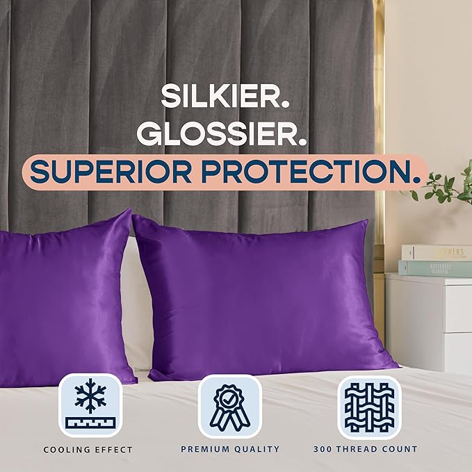 BLISSFORD Purple Satin Pillowcase with Zipper, for Hair and Skin Care, Feels Soft and Cool Like a Silk Pillowcase, Satin Pillow Cases 2 Pack, Slik Pillow Cover, Grape/Purple, Queen Size - Set of 2