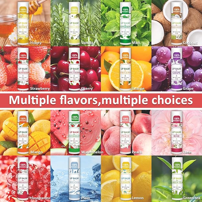 128 Pack Lip Balm, Natural Lip Balm Bulk with Vitamin E and Coconut Oil, Moisturizing Lip Balm for Dry Lips - 16 Flavors