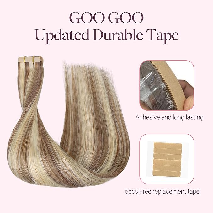 GOO GOO Tape in Hair Extensions Human Hair, 8B/60B Golden Blonde Highlights, 14inch 50g 20pcs, Skin Weft Seamless Invisible, Silky Straight with Thick Ends, Remy Human Hair