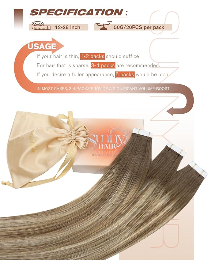 Sunny Hair Tape in Hair Extensions Human Hair, Human Hair Tape in Extensions Light Brown Balayage Blonde Hair Extensions Real Human Hair Tape in 20Inch 50g