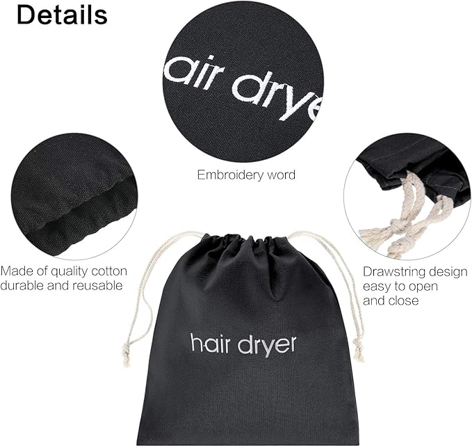 Bememo Hair Dryer Bags Drawstring Bag Hairdryer Container, 11.8 by 13.8 Inch(Cotton,Black)