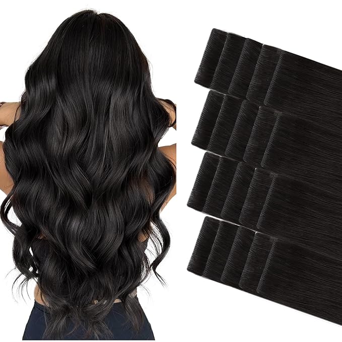 GOO GOO Invisi Edge Tape in Hair Extensions Human Hair, 1B Natural black 20pcs 16inch 50g, Virgin Remy Hair, Seamless Injected Tape, Natural Look