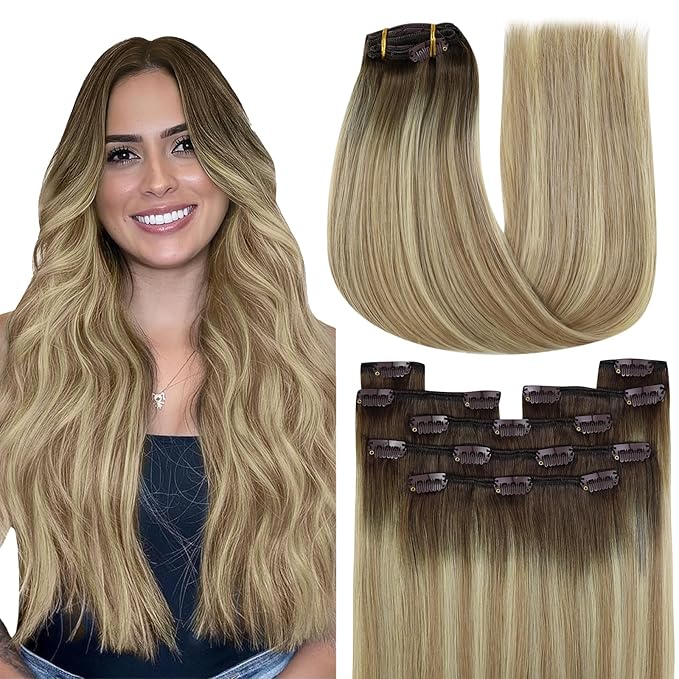 YoungSee Balayage Clip in Hair Extensions Walnut Brown Ombre Light Brown with Blonde Clip in Extensions Balayage Real Hair Extension Clip in Human Hair for Short Hair 12Inch 85G 7Pcs