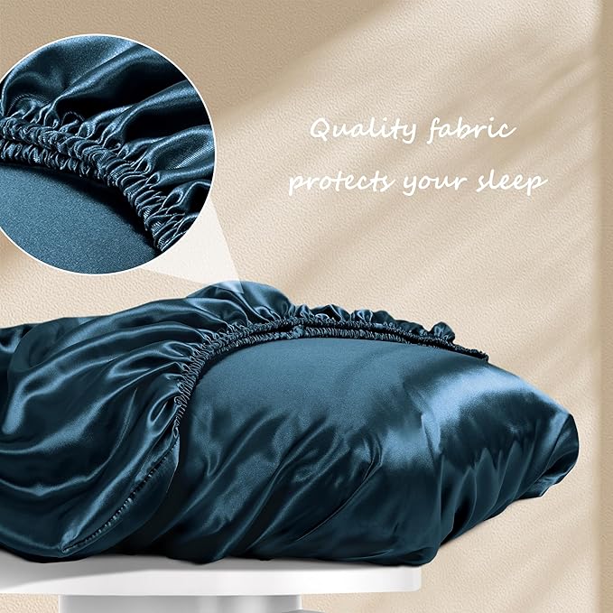 Manyshofu Satin Pillowcases for Hair Protection - 2Pcs Navy Blue Pillow Cases, Elastic Band Standard & Queen Satin Pillowcases Luxury Silky Pillow Cases Travel Pillow Covers