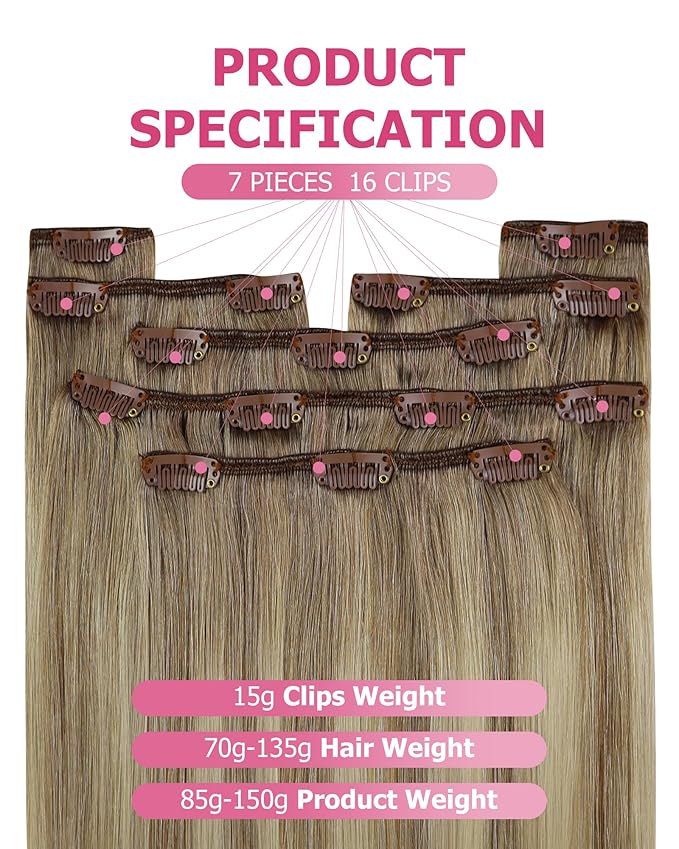 YoungSee 135g Real Hair Extensions Clip in Human Hair Light Brown Clip in Hair Extensions Balayage Clip in Extensions Real Human Hair Light Brown Mix Blonde Thick Remy Hair 16 inch 7pcs