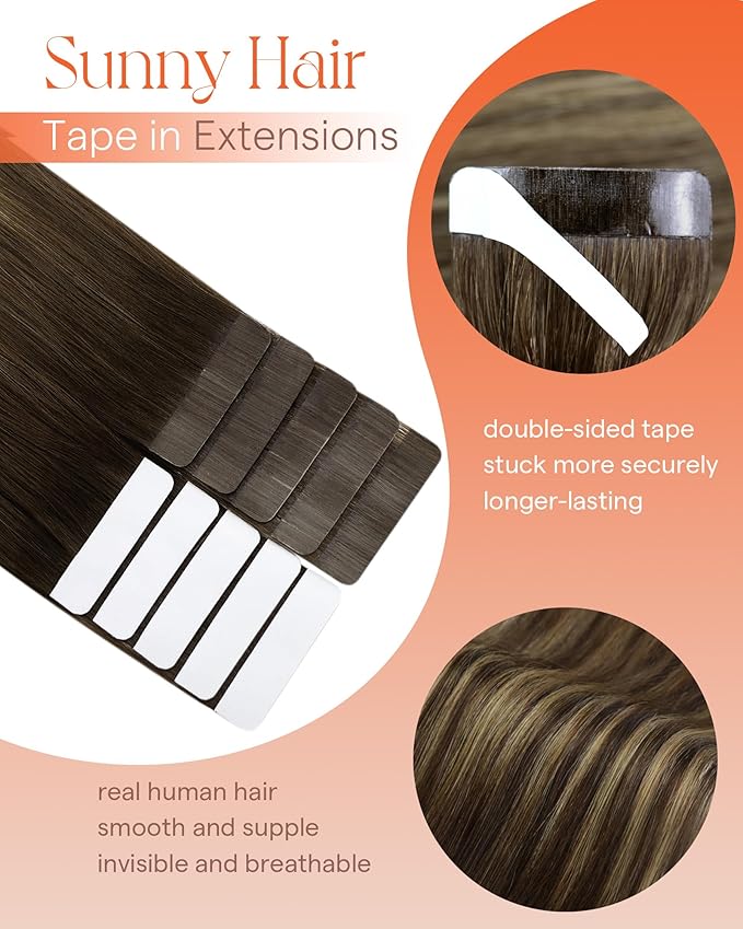 Sunny Hair Tape in Hair Extensions Real Human Hair Invisible Remy Hair Extensions Tape ins for Women Dark Brown Ombre Caramel Blonde Balayage 18 inch 25G
