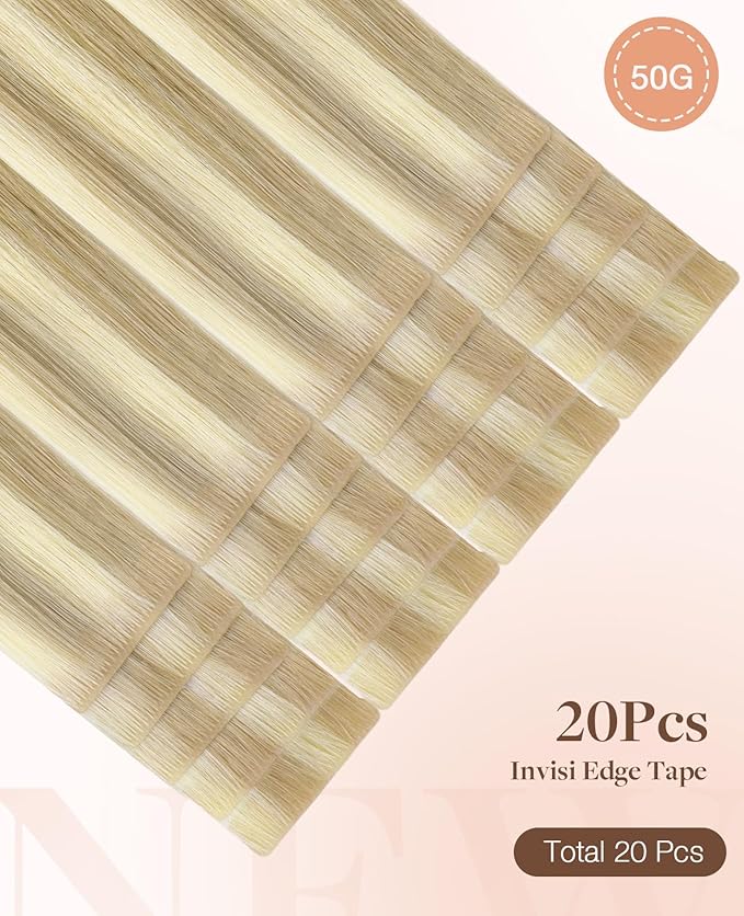 GOO GOO Invisi Edge Tape in Hair Extensions Human Hair, 18A/613A Dark Blonde Highlighted Bleach Blonde 20pcs 24inch 50g, Virgin Remy Hair, Seamless Injected Tape, Natural Look