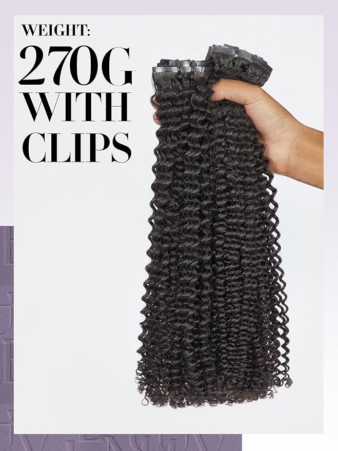 LUVME Kinky-curly Seamless 2 Pack 18inch 270g 18Pcs Clip in Hair Extensions Full Head with Remy Human Hair Extensions, Natural Black Hair for Women