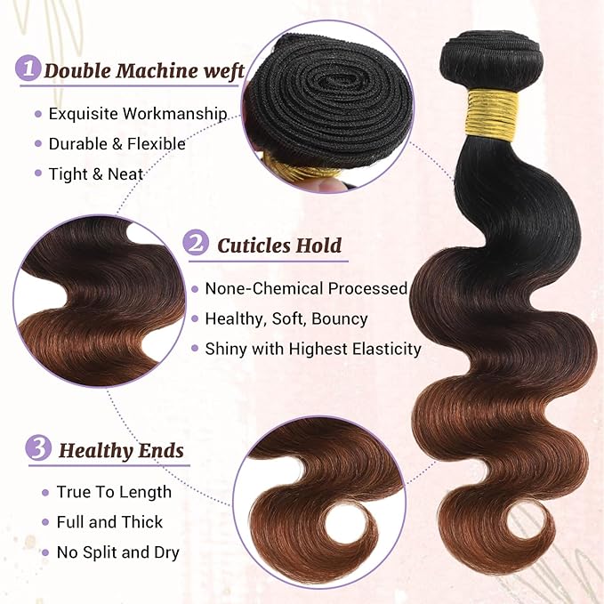 Body Wave Ombre Bundles Human Hair T1B/2/30 Chestnut Brown Ombre Color 2 Bundles of 14 Inch 100% Real Human Hair Unprocessed Raw Material For Quicky Weave