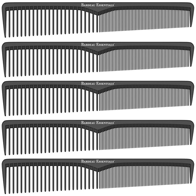 Styling Comb (5 Pack) | Professional 7 Inch Black Carbon Fiber Anti Static Chemical And Heat Resistant Comb For All Hair Types | Fine and Wide Tooth Combs For Men and Women | By Bardeau Essentials