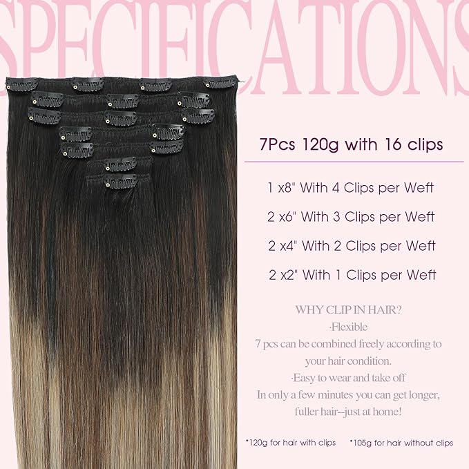 PINKPEARL Clip in Hair Extensions Real Human Hair #1B/4/27 Balayage Natural Black to Chocolate Brown and Caramel Blonde Clip in Hair 7pcs 120g 22inch Human Hair Extensios Clip ins(#1B/4/27-22)