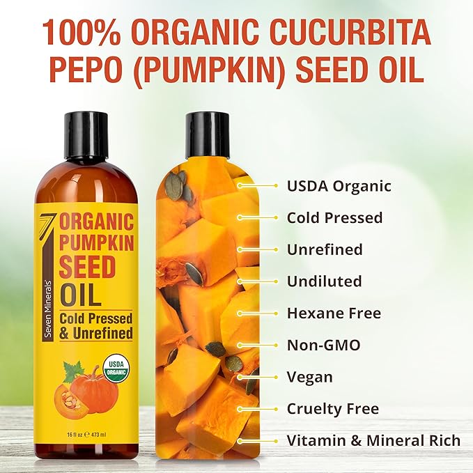 Seven Minerals NEW Pumpkin Seed Oil for Hair Growth, Face, & Body - Big 16oz Bottle - USDA Organic, Cold-Pressed & Hexane Free - Lightweight, Non-Greasy, & Deeply Moisturizing for Scalp, Skin