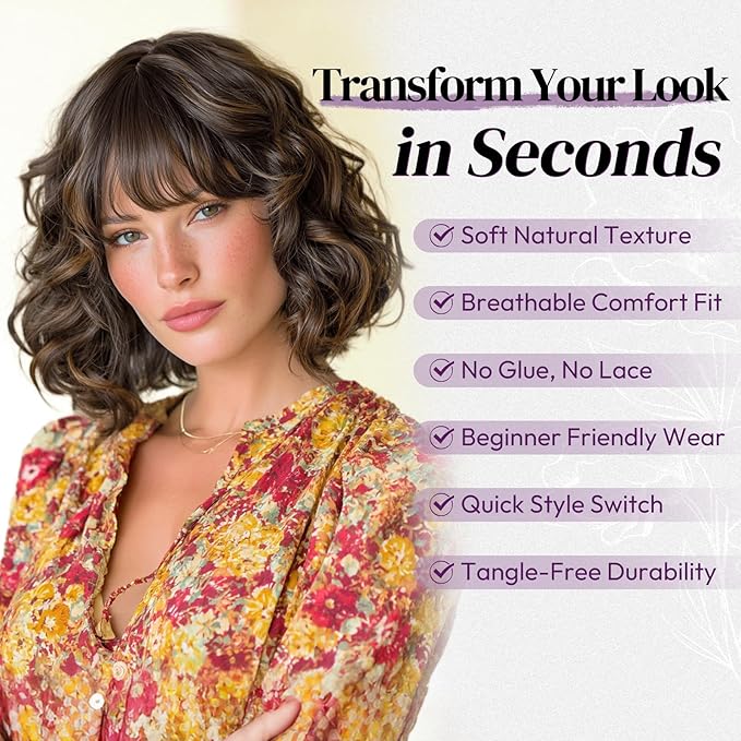 BARSDAR Short Wavy Brown Highlight Wig with Bangs - Short Brown Highlights Wigs for Women - Curly Wavy Textured French Bob Wig with Bangs Soft Synthetic Natural Looking Face-Framing Daily Party