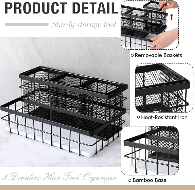 1 Pcs Hair Tool Organizer Countertop Breathable Metal & Bamboo Hot Tools Organizer Under Sink Bathroom Hair Dryer Holder Countertop Brush Comb Holder,makeup tray (White Bamboo,Black)